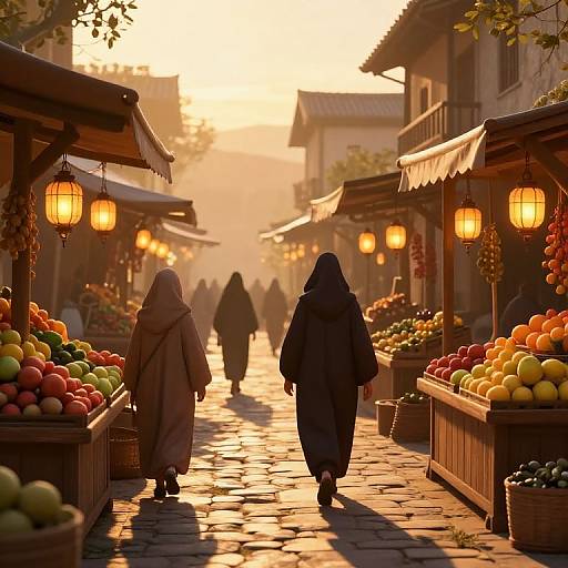 Photograph of a sunlit, cobblestone market street at sunset, with two hooded figures walking away, surrounded by colorful fruit stalls and glowing
