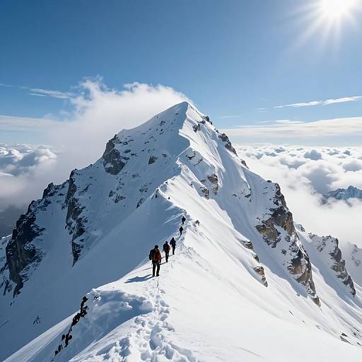 Photograph of a snowy mountain peak under a bright blue sky, with four hikers in dark clothing climbing the steep, sunlit slope. Sunrays