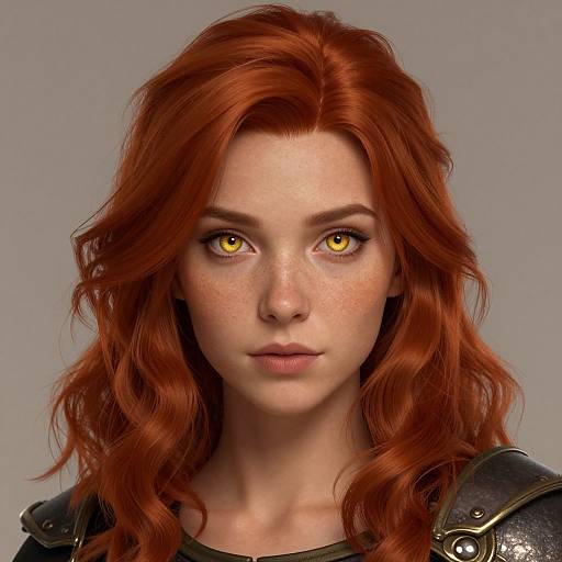 Digital portrait of a freckled, red-haired woman with yellow eyes, wearing dark, armored shoulders, against a neutral gray background.