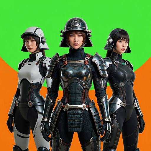 Photorealistic CGI image of three Asian women in futuristic black and white armored suits, standing against vibrant green and orange background.