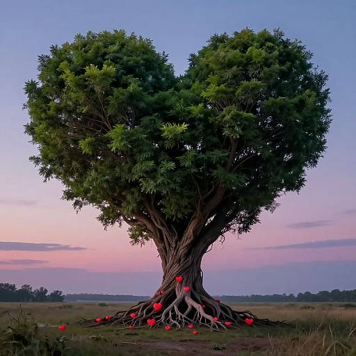 Photograph of a heart-shaped tree with dark green foliage and red berries, set against a pink and blue twilight sky.