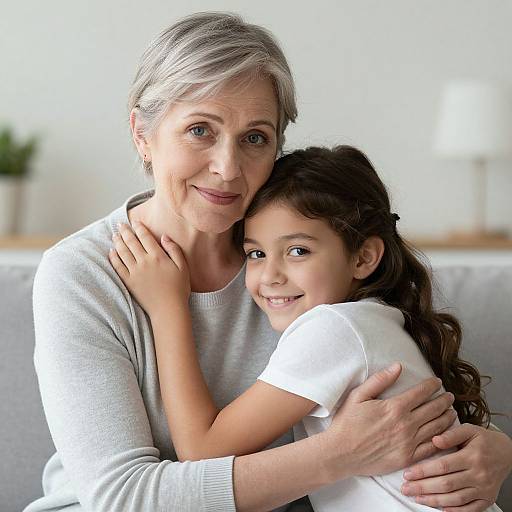 Photograph of a smiling elderly woman with short gray hair, wearing a gray sweater, hugging a young girl with long brown hair, in a white