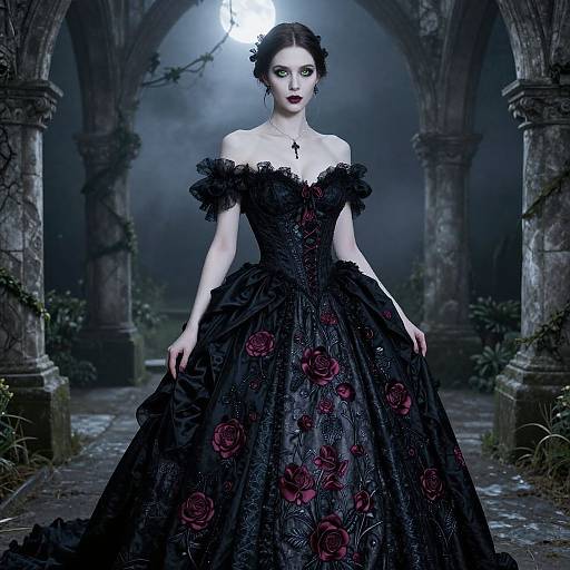Gothic-style photograph: Pale woman in black, off-shoulder lace gown with red roses, dark hair, gothic cross necklace, standing