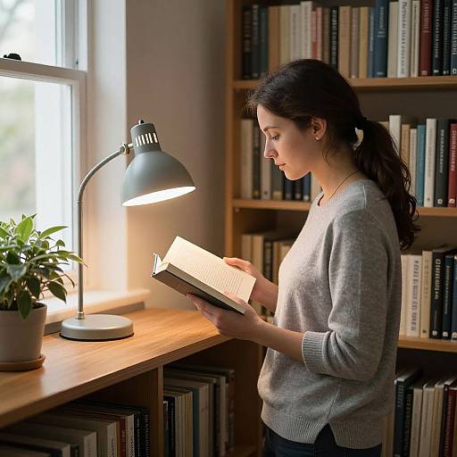 Photograph of a young woman with dark hair in a ponytail, wearing a gray sweater, reading a book by a lit desk lamp in a book