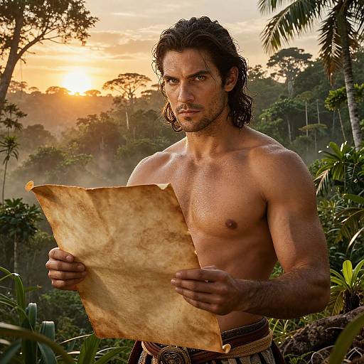 Shirtless, muscular man with long dark hair holds a parchment map in a lush, tropical forest at sunset. Photorealistic CGI.