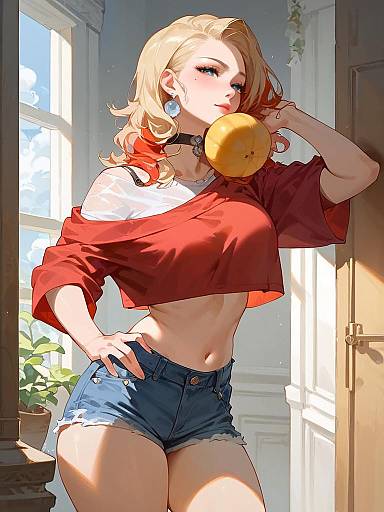 Stylish Woman in Crop Top and Denim Shorts