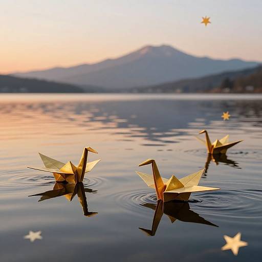 Golden Origami Cranes at Sunset
