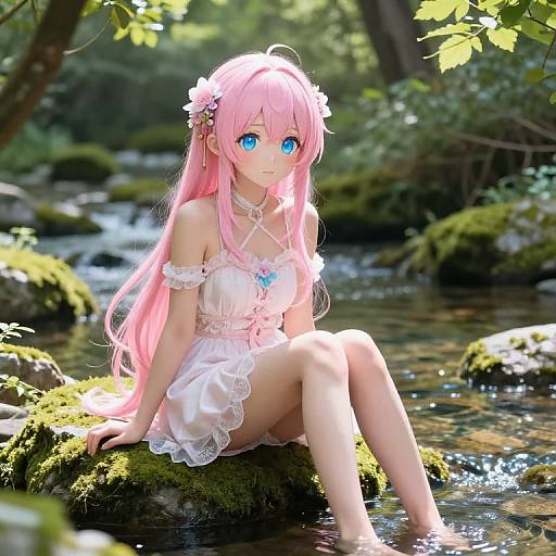 Digital anime-style drawing of a pink-haired girl with blue eyes, wearing a white lace dress, sitting on a mossy rock by a forest stream.