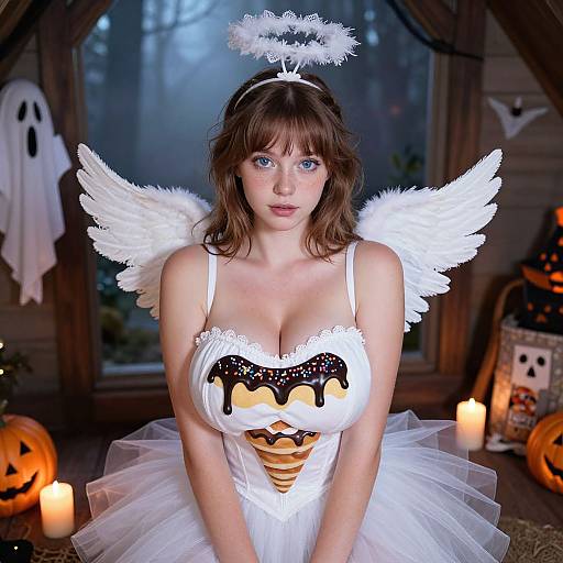 Photograph of a young woman in a white angel costume with large wings, halo, and pumpkin-themed top, surrounded by Halloween decorations and candles.