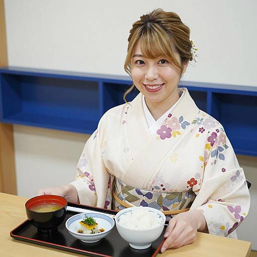 Japanese Woman in Floral Kimono with Traditional Meal