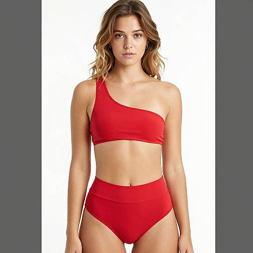 Woman in Red One-Shoulder Bikini