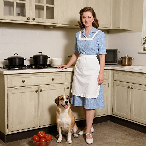 Photograph of a smiling, 1950s-style woman in blue polka dot dress and white apron, standing in cream kitchen with golden retrie