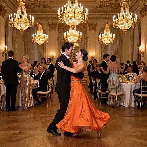 Photograph of a romantic ballroom dance, man in black suit, woman in vibrant orange dress, surrounded by elegant chandeliers and well-dressed