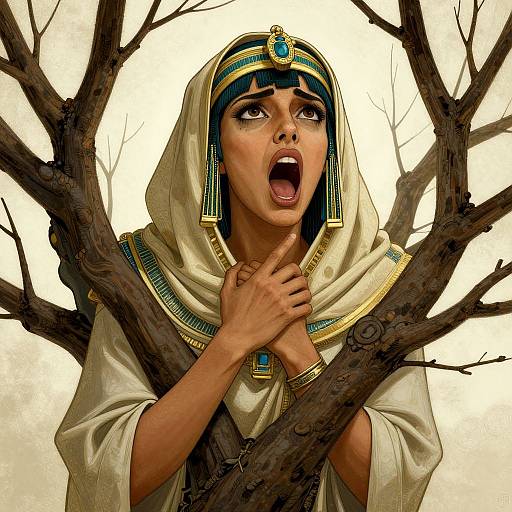 Digital art of a frightened woman in ancient Egyptian attire, with a blue and gold headdress, hands clasped, mouth open, surrounded by bare tree