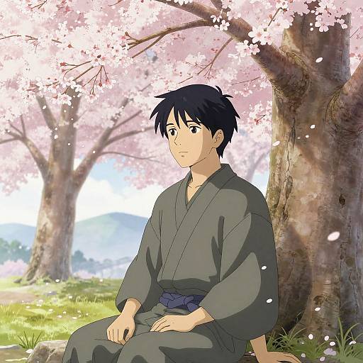 Anime Man Sitting Under Cherry Blossoms