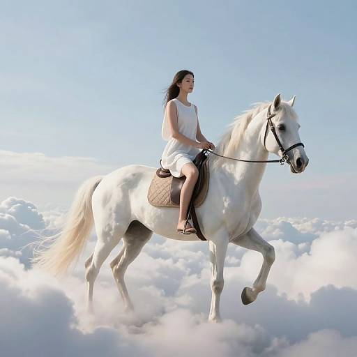 Photograph of a woman with long dark hair, wearing a white sleeveless dress, riding a white horse with a brown saddle blanket, soaring above fluffy