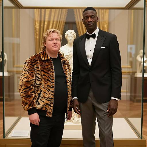 Two men posing indoors by glass display case
