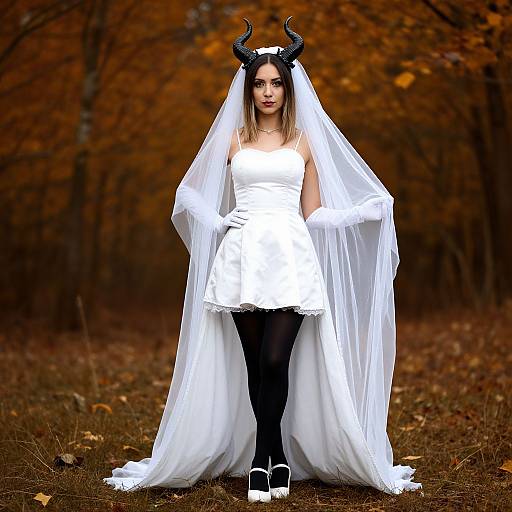 Photograph of a woman in a white wedding dress with black horns, veil, black tights, and white shoes, standing in an autumn forest.
