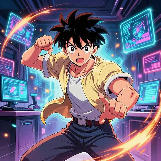 Anime-style digital drawing of a spiky-haired, muscular boy in a yellow shirt and white tee, fighting in a neon-lit, cyber-tech lab