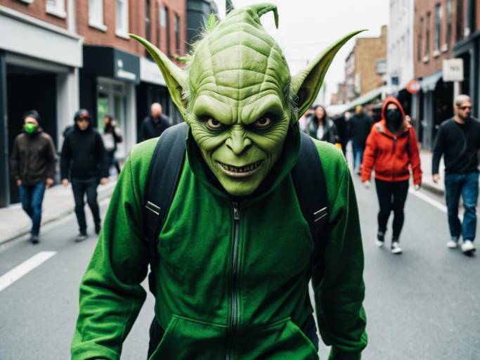 Adult in Green Goblin Costume Walking on City Street