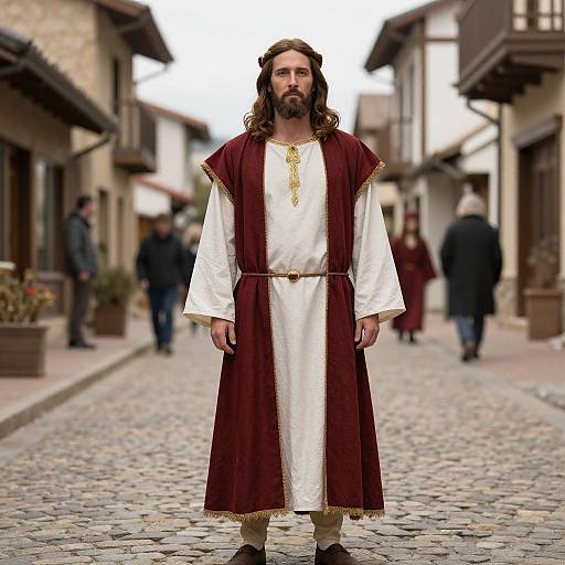 Photograph of a bearded man with long brown hair, wearing a maroon and white medieval-style robe, standing in a cobblestone street with