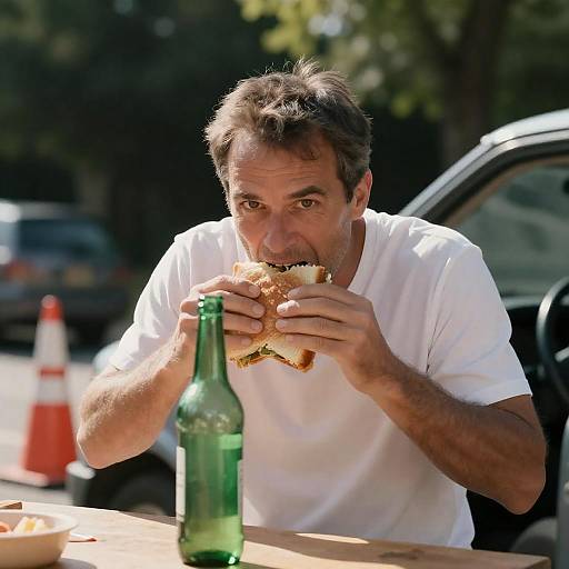 Intense Man Enjoying a Sandwich Outdoors