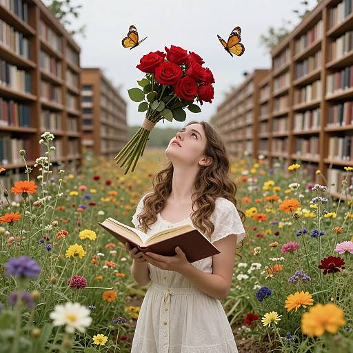 Photograph: Young woman with curly brown hair in white dress, holding book, raises red rose bouquet, surrounded by colorful flowers, bookshelves,