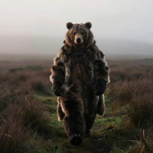 Photograph of a large, dark brown bear standing on two legs in a misty, grassy moorland, facing the camera with a fierce