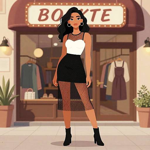Digital illustration of a stylish Black woman with wavy hair, wearing a white top, black mesh skirt, and black ankle boots, standing in front of