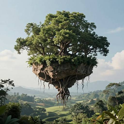 Photorealistic CGI of a floating, lush, tree-rooted island hovering above a verdant, hilly landscape under a clear blue sky.