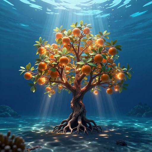 Digital artwork of an underwater orange tree with glowing oranges, illuminated by sunlight filtering through the water, casting beams and reflections on the ocean floor.