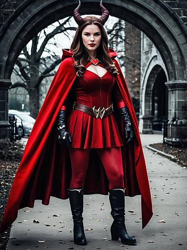Woman in Scarlet Witch Inspired Costume with Horns