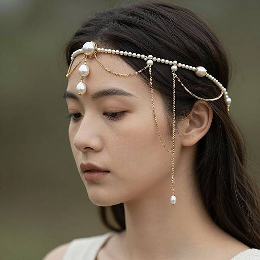 Photograph of an East Asian woman with fair skin, black hair, and closed eyes, wearing a gold and pearl headpiece, against a blurred green