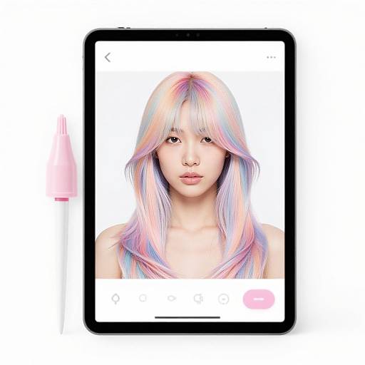 Digital portrait of an Asian woman with long, pastel pink and blue hair, centered on a white background, framed by a black rectangle.