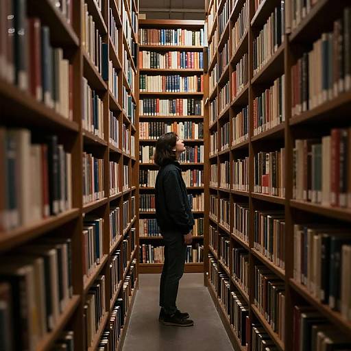 Photograph of a person in a dark jacket standing in a narrow, wooden-bookshelf-lined library aisle, facing the book-filled wall.