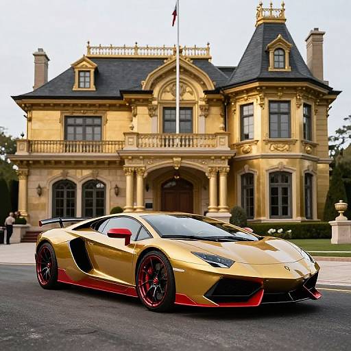 Photograph of a sleek, gold and red Lamborghini Aventador parked in front of a grand, yellow, Victorian-style mansion with a flagpole