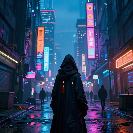 Cyberpunk night scene: Silhouetted figure in hooded coat stands in rain-soaked, neon-lit urban street, surrounded by glowing