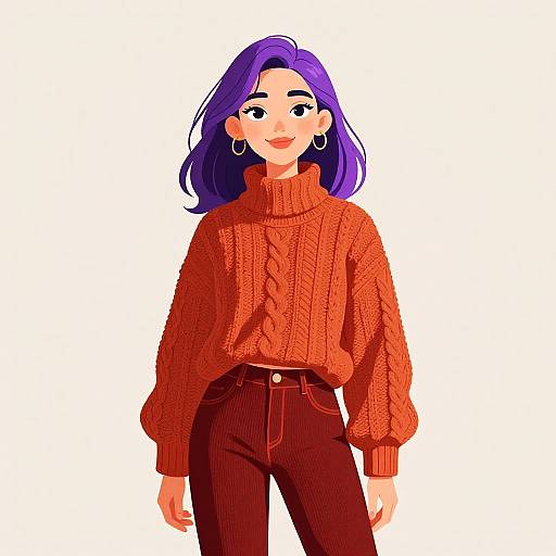 Digital illustration of a woman with purple hair, wearing a red, chunky knit turtleneck and high-waisted maroon pants, against a