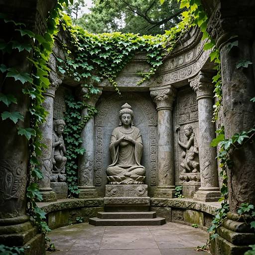 Photograph of an ancient, moss-covered stone temple with intricate carvings, featuring a central Buddha statue surrounded by ivy and two smaller stone figures