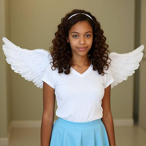 Photograph of a young Black girl with curly hair, wearing white angel wings, white V-neck shirt, and light blue skirt, standing in a beige