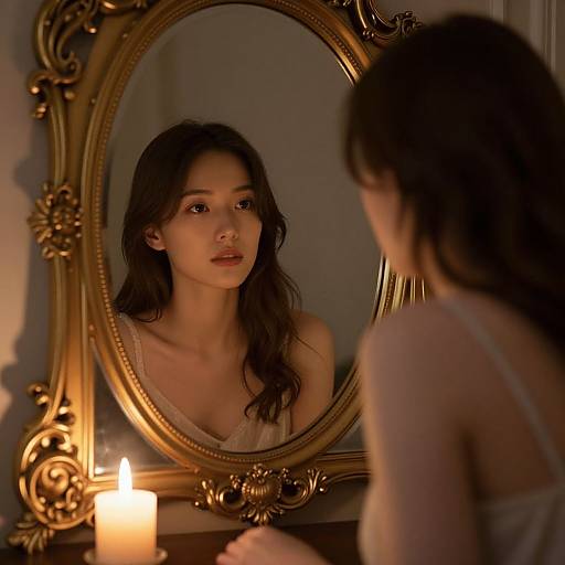 Photograph of a young woman with long dark hair, wearing a white lace top, gazing into an ornate gold-framed mirror, illuminated by