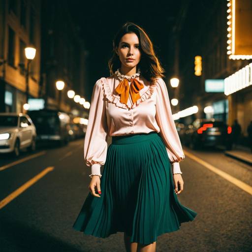 Woman in Pleated Skirt on Urban Street at Night