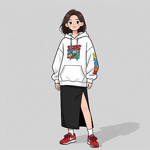 Anime-style digital drawing of a young woman with shoulder-length black hair, wearing a white hoodie with colorful graphics, black skirt with a side slit, and