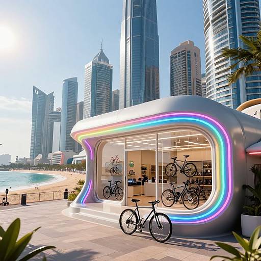 Photograph of a futuristic, neon-lit bike rental kiosk by a beach with tall, modern skyscrapers in the background.