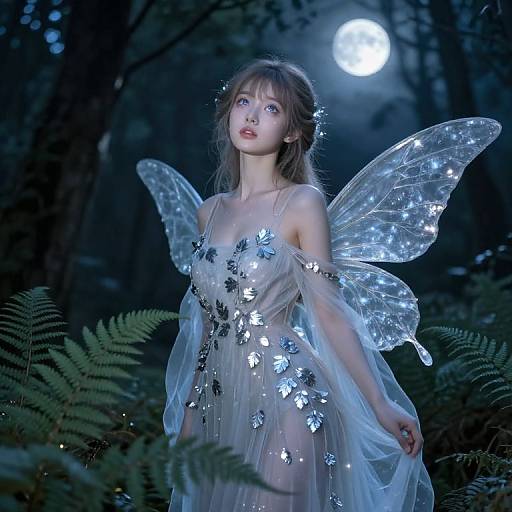 Photograph of a fair-skinned, blue-eyed woman in a moonlit forest, wearing a transparent, sparkling dress and illuminated fairy wings, with fern