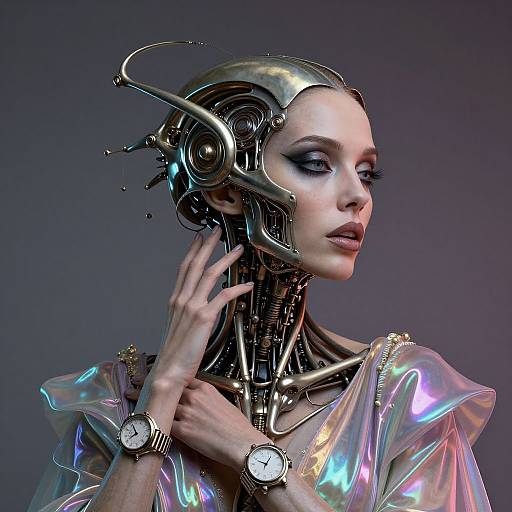 Photograph of a cybernetic woman with metallic headgear, iridescent clothing, and clock-watches, against a dark gradient background.