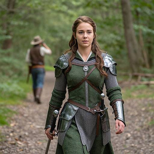 Photograph of a young woman in medieval green and silver armor walking on a forest path, holding a sword, with a blurred figure in the background wearing