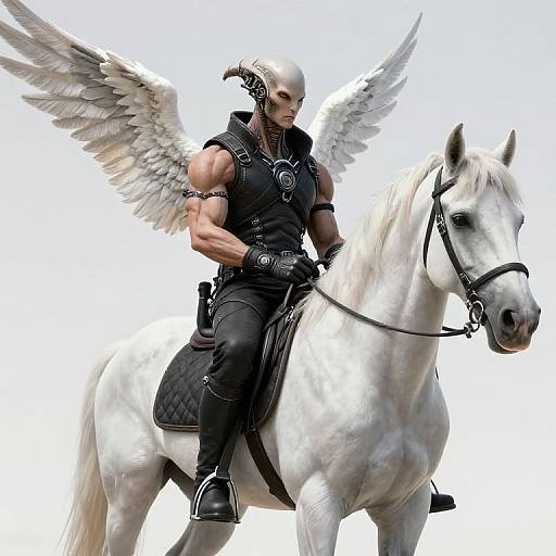 Digital artwork of a muscular, bald angel with white wings riding a white horse, wearing black leather armor with silver accents.