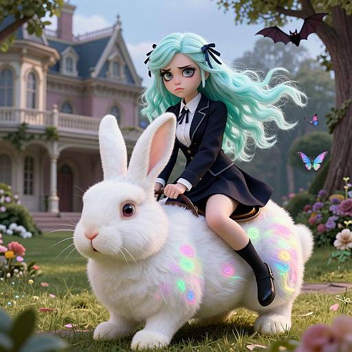 Digital art: Anime-style girl with teal hair and black bow, wearing a black school uniform, rides a glowing white rabbit in a vibrant garden with a