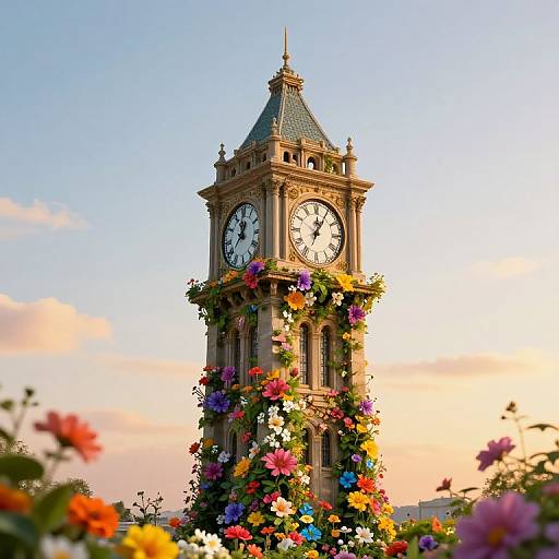 Photograph of a tall, ornate clock tower adorned with vibrant, colorful flowers climbing its sides, set against a clear, pink-orange sunset sky.